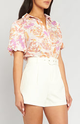 SONGA COL Faux Linen Printed Bubble Sleeve Shirt STO627B